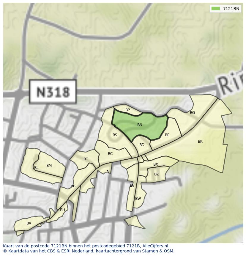 Afbeelding van het postcodegebied 7121 BN op de kaart.
