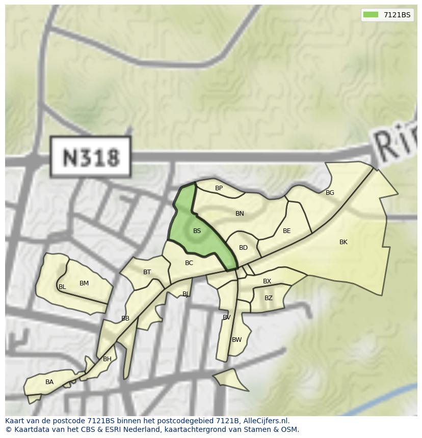 Afbeelding van het postcodegebied 7121 BS op de kaart.
