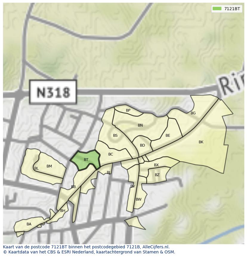 Afbeelding van het postcodegebied 7121 BT op de kaart.