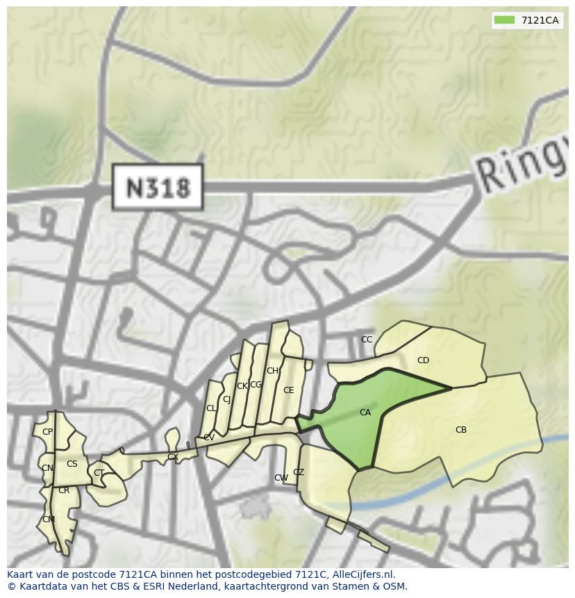 Afbeelding van het postcodegebied 7121 CA op de kaart.