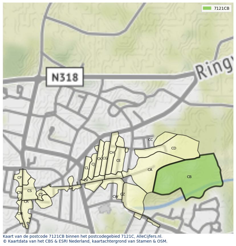 Afbeelding van het postcodegebied 7121 CB op de kaart.