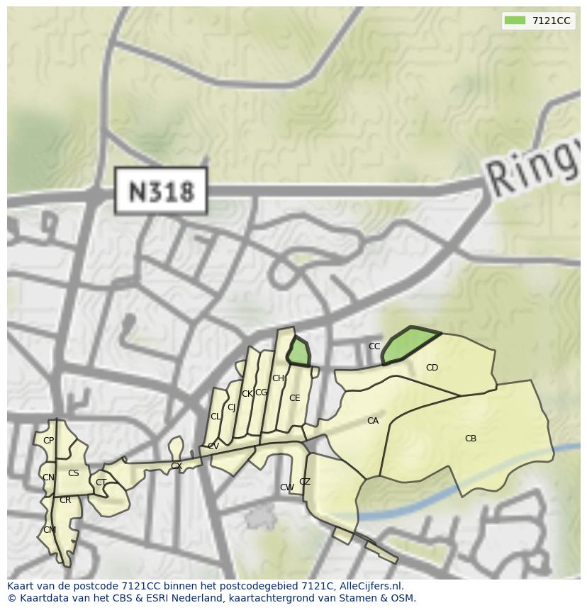 Afbeelding van het postcodegebied 7121 CC op de kaart.