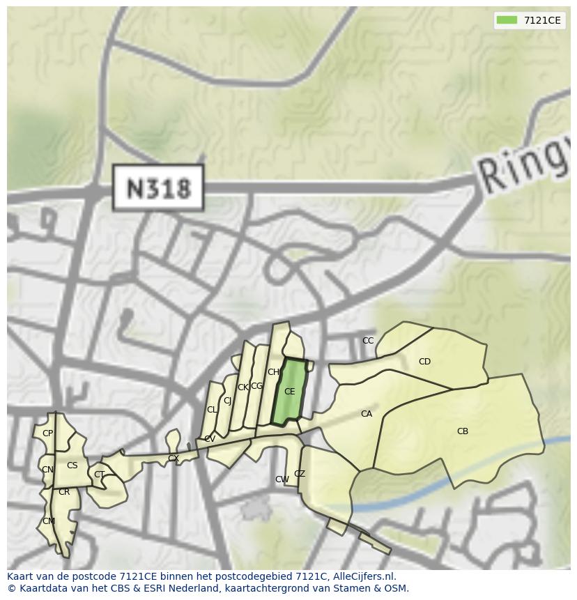 Afbeelding van het postcodegebied 7121 CE op de kaart.