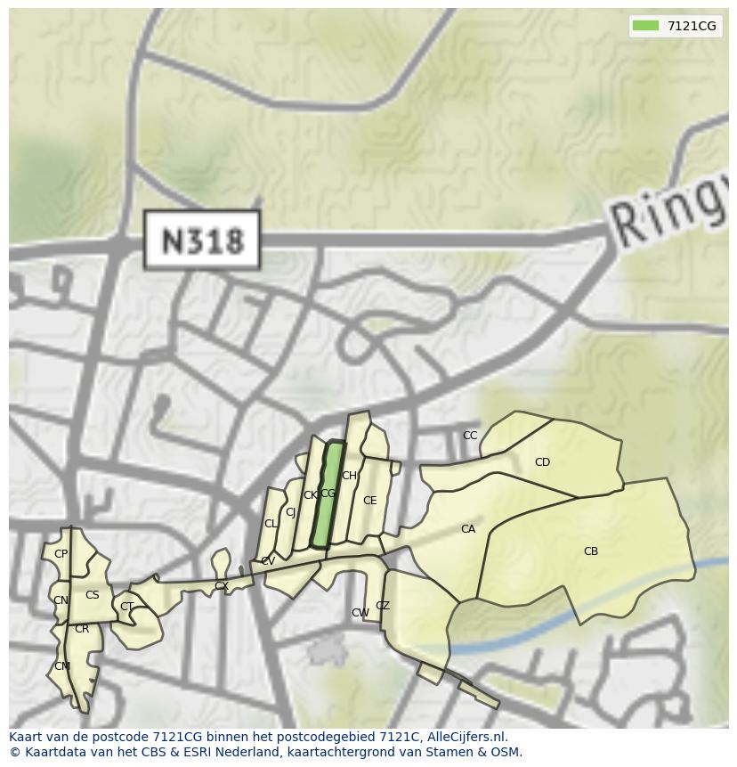 Afbeelding van het postcodegebied 7121 CG op de kaart.