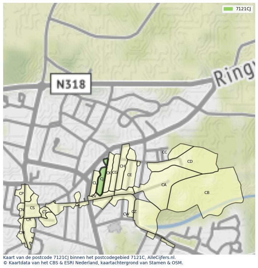 Afbeelding van het postcodegebied 7121 CJ op de kaart.