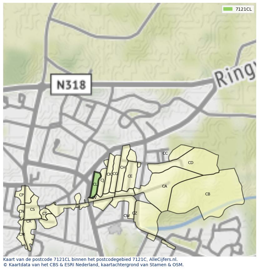 Afbeelding van het postcodegebied 7121 CL op de kaart.