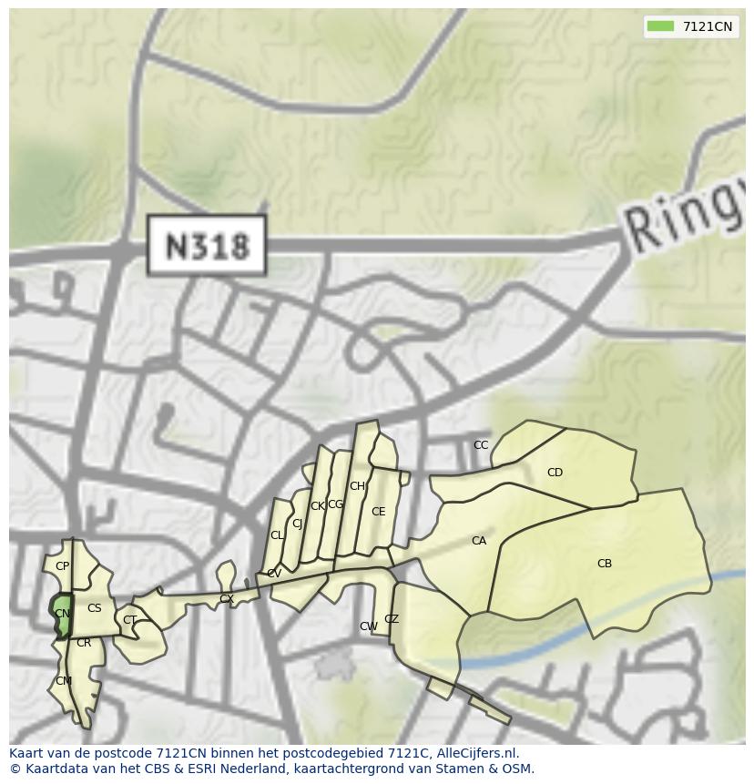 Afbeelding van het postcodegebied 7121 CN op de kaart.