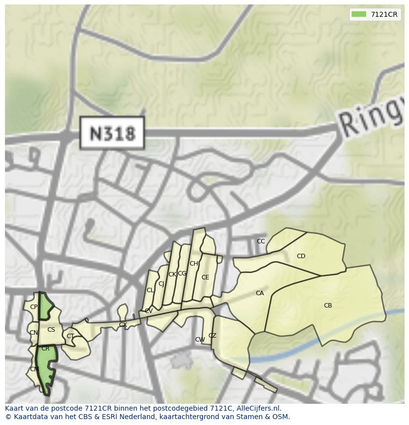 Afbeelding van het postcodegebied 7121 CR op de kaart.