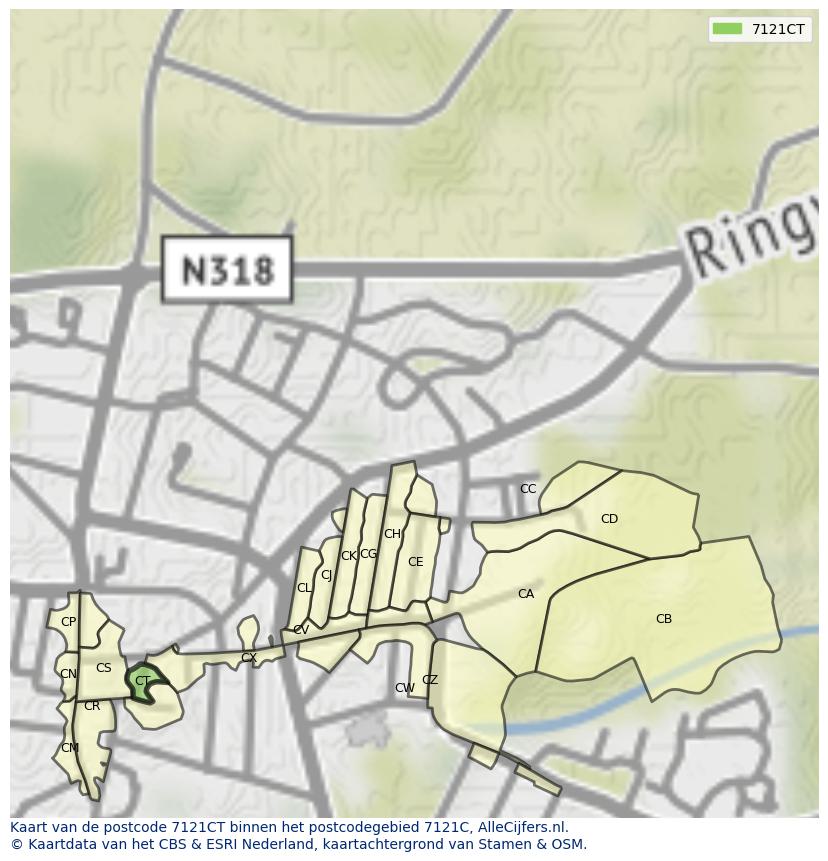 Afbeelding van het postcodegebied 7121 CT op de kaart.