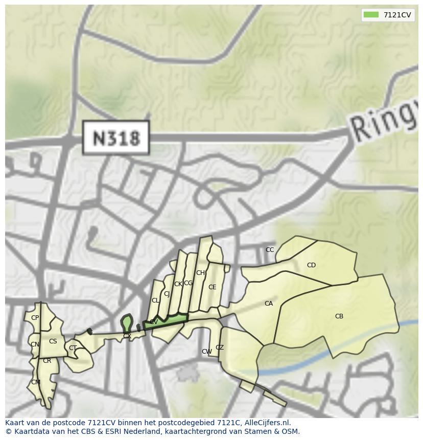 Afbeelding van het postcodegebied 7121 CV op de kaart.