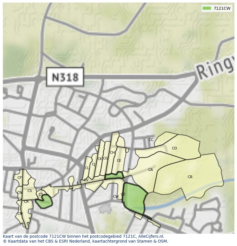 Afbeelding van het postcodegebied 7121 CW op de kaart.