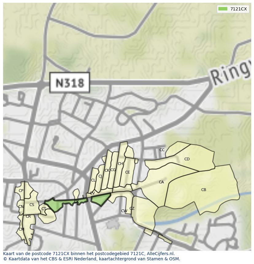 Afbeelding van het postcodegebied 7121 CX op de kaart.