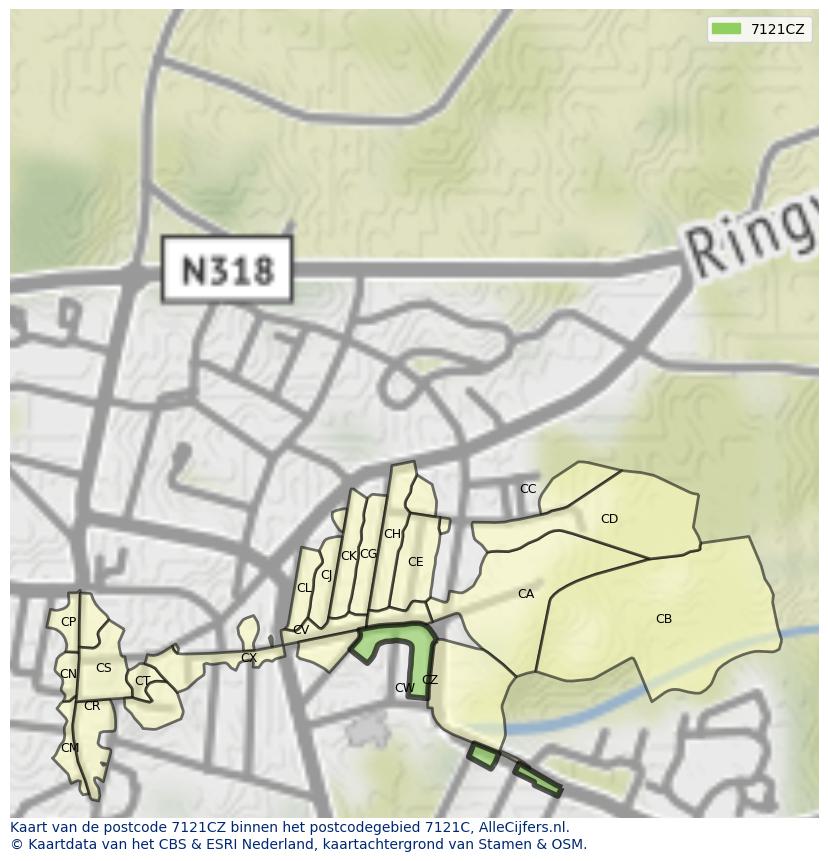 Afbeelding van het postcodegebied 7121 CZ op de kaart.