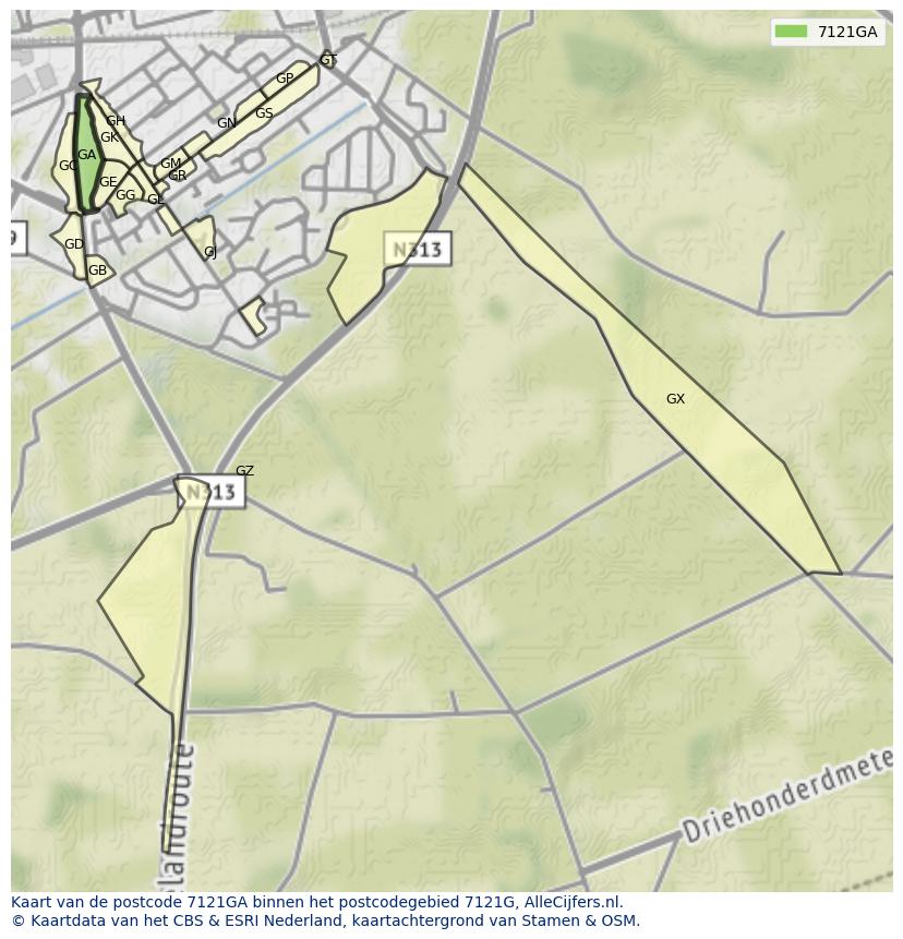 Afbeelding van het postcodegebied 7121 GA op de kaart.