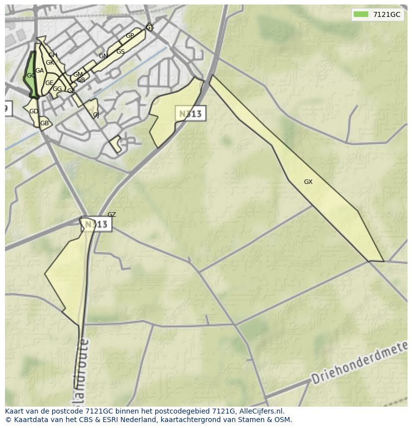 Afbeelding van het postcodegebied 7121 GC op de kaart.