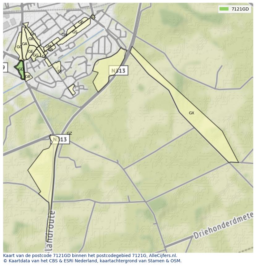 Afbeelding van het postcodegebied 7121 GD op de kaart.