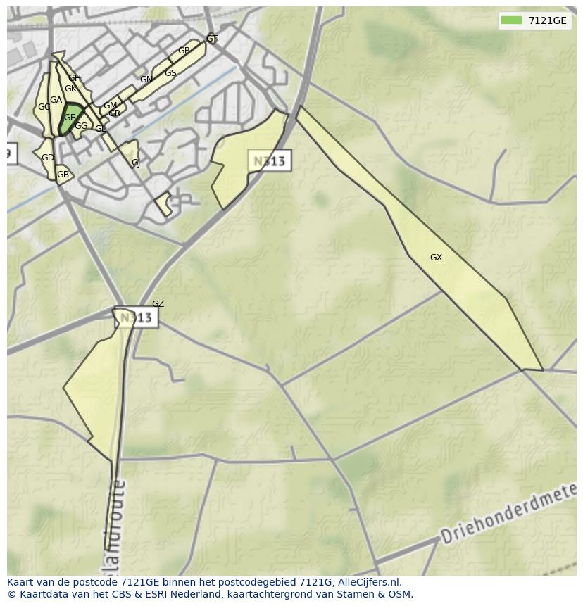 Afbeelding van het postcodegebied 7121 GE op de kaart.