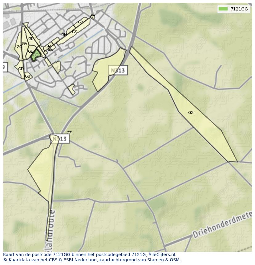 Afbeelding van het postcodegebied 7121 GG op de kaart.