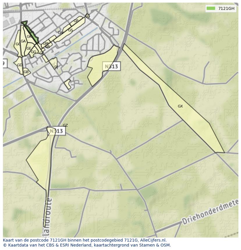 Afbeelding van het postcodegebied 7121 GH op de kaart.