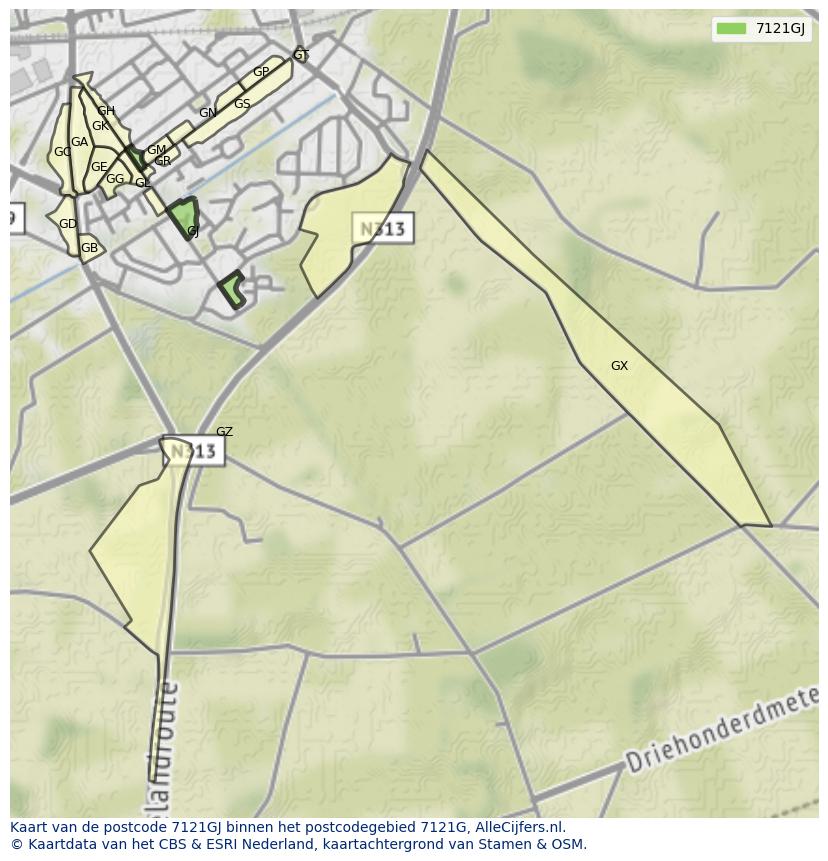 Afbeelding van het postcodegebied 7121 GJ op de kaart.