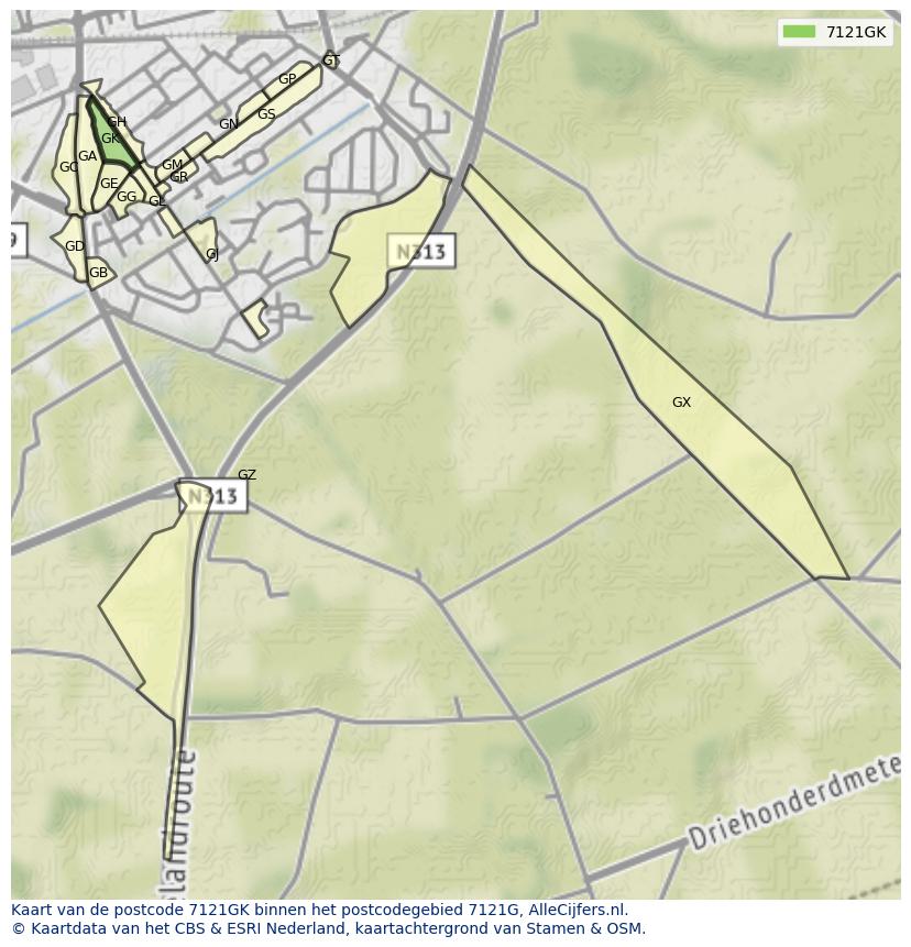 Afbeelding van het postcodegebied 7121 GK op de kaart.