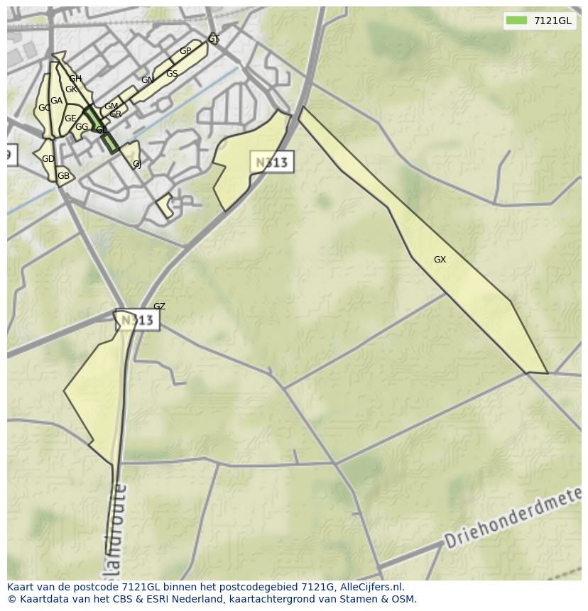 Afbeelding van het postcodegebied 7121 GL op de kaart.