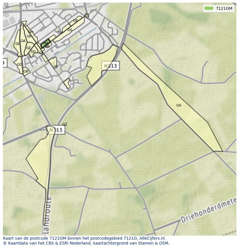 Afbeelding van het postcodegebied 7121 GM op de kaart.