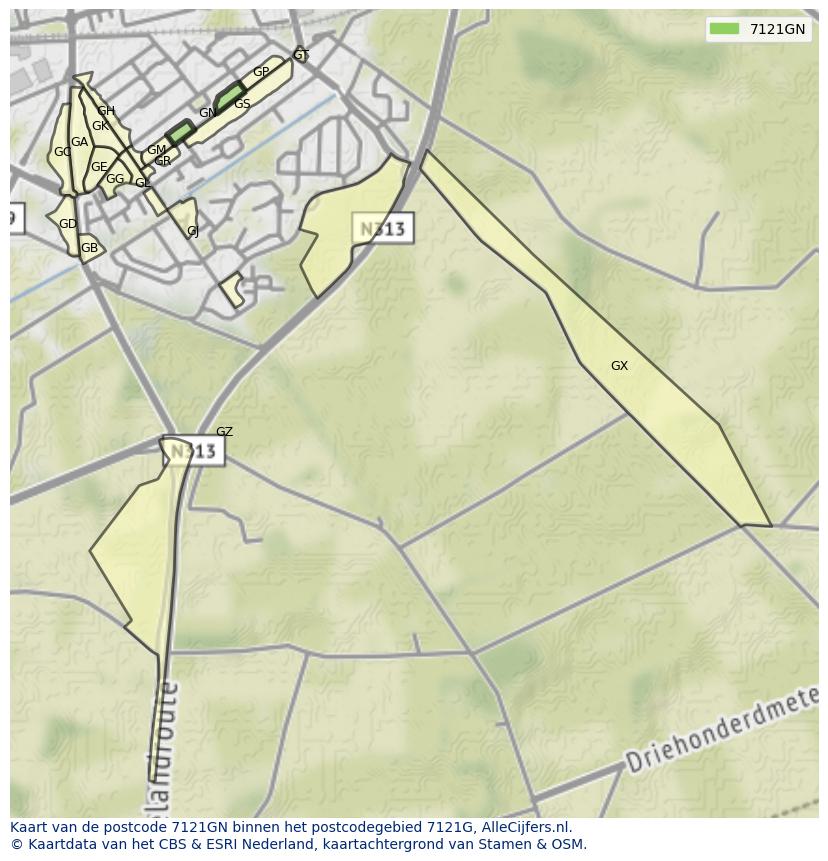 Afbeelding van het postcodegebied 7121 GN op de kaart.