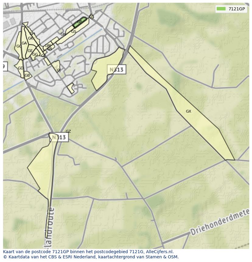 Afbeelding van het postcodegebied 7121 GP op de kaart.