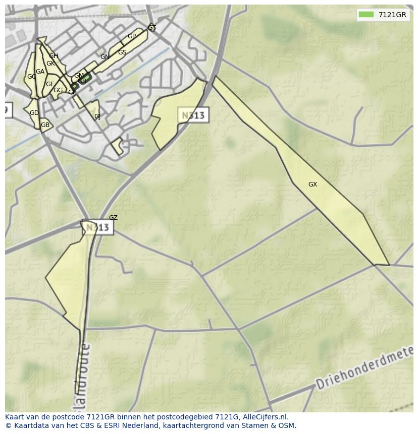 Afbeelding van het postcodegebied 7121 GR op de kaart.