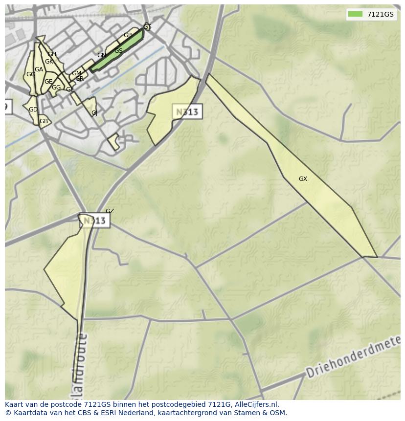 Afbeelding van het postcodegebied 7121 GS op de kaart.