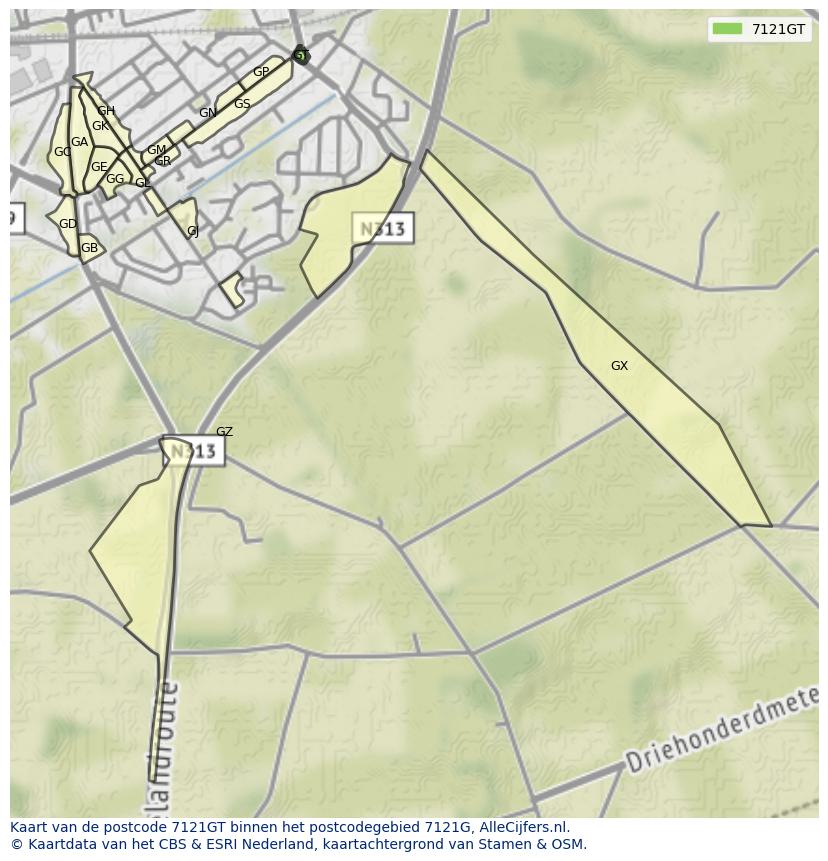 Afbeelding van het postcodegebied 7121 GT op de kaart.