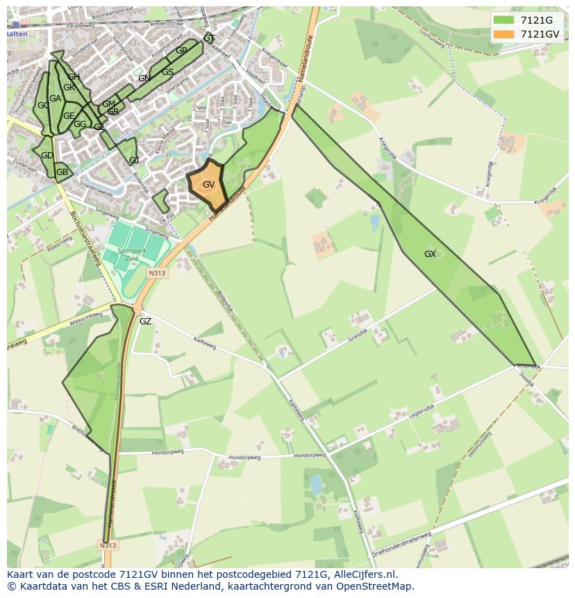 Afbeelding van het postcodegebied 7121 GV op de kaart.