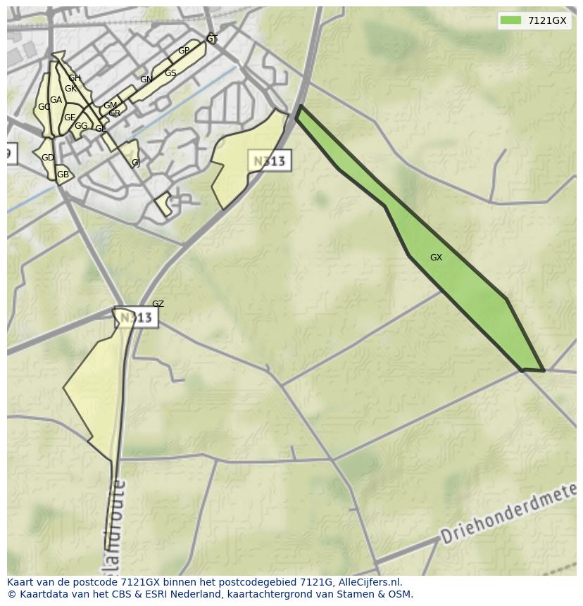 Afbeelding van het postcodegebied 7121 GX op de kaart.
