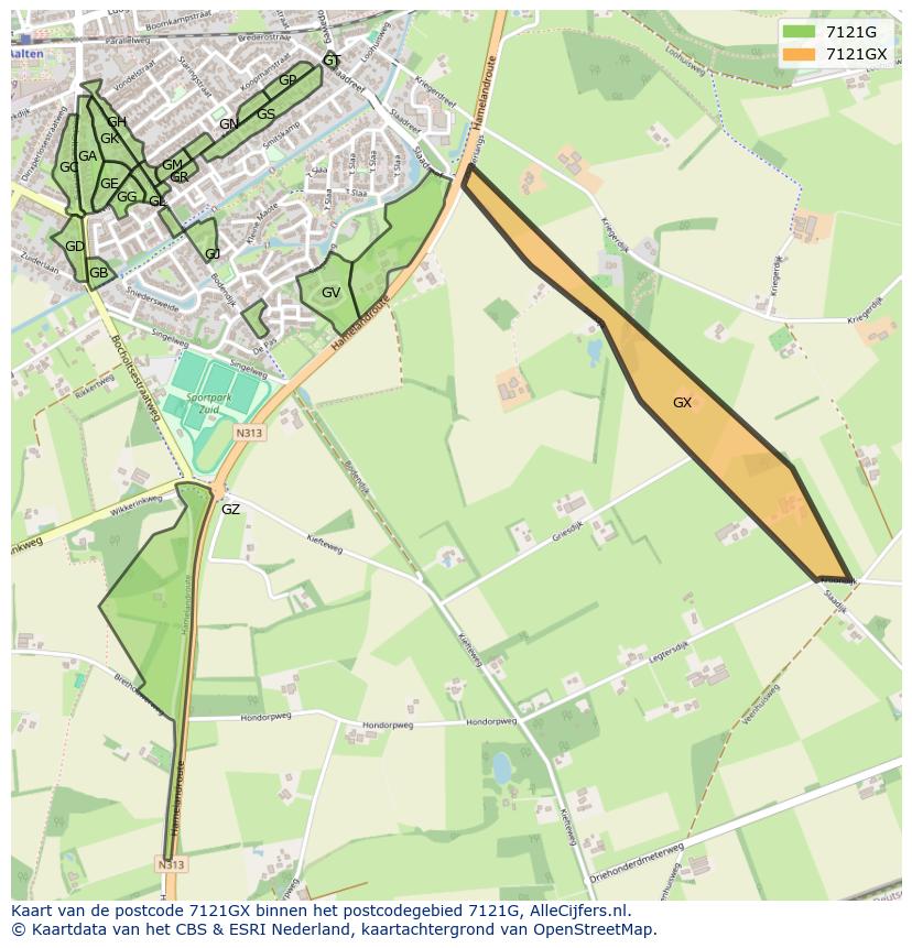 Afbeelding van het postcodegebied 7121 GX op de kaart.