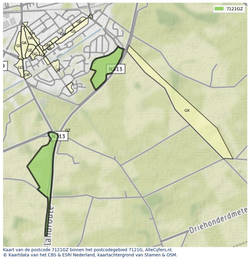 Afbeelding van het postcodegebied 7121 GZ op de kaart.