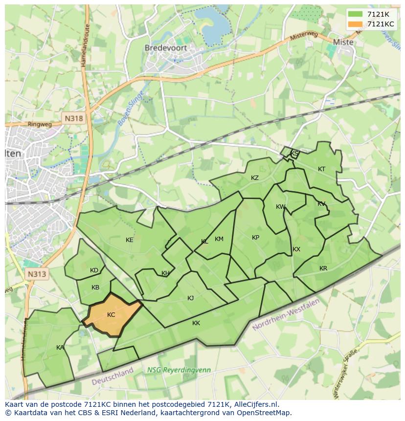 Afbeelding van het postcodegebied 7121 KC op de kaart.
