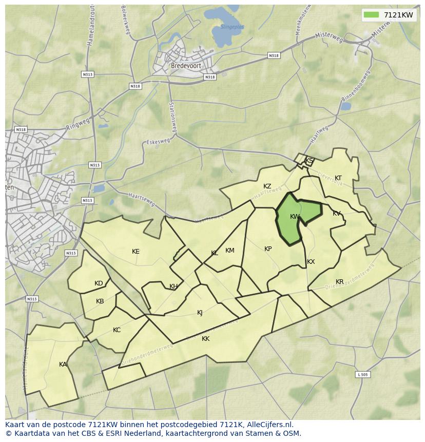 Afbeelding van het postcodegebied 7121 KW op de kaart.