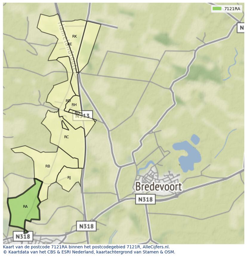 Afbeelding van het postcodegebied 7121 RA op de kaart.