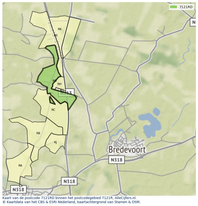 Afbeelding van het postcodegebied 7121 RD op de kaart.