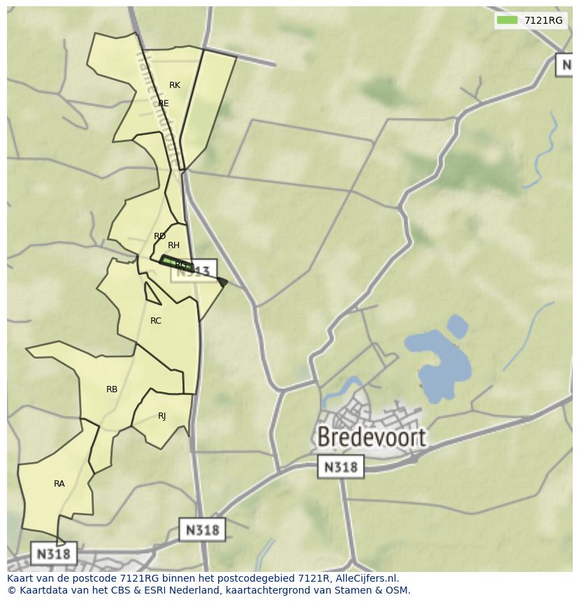 Afbeelding van het postcodegebied 7121 RG op de kaart.
