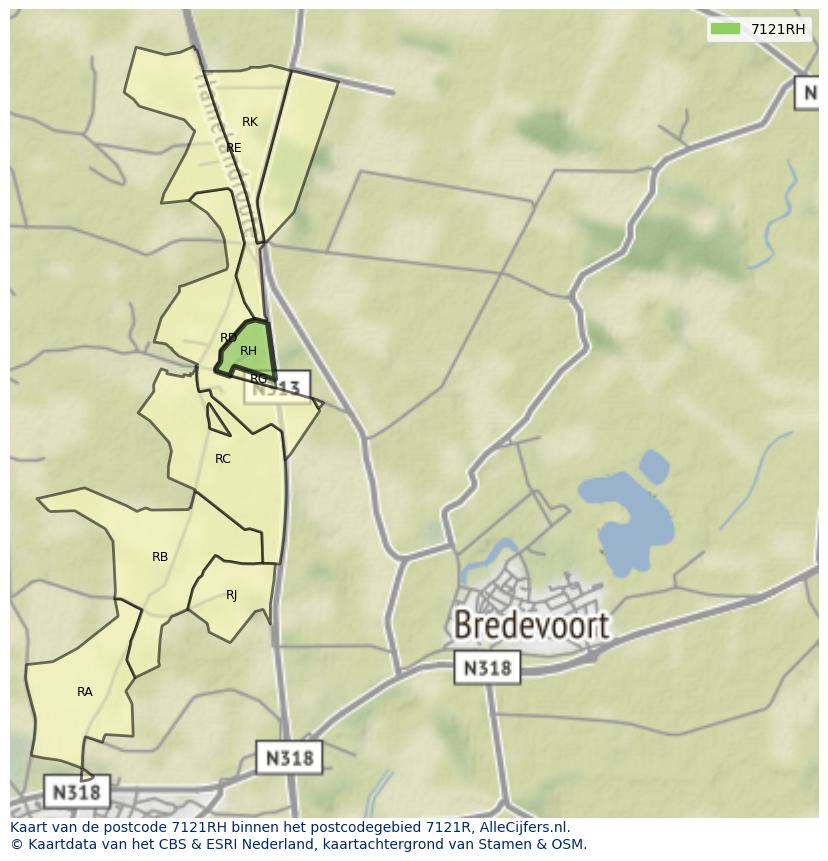 Afbeelding van het postcodegebied 7121 RH op de kaart.