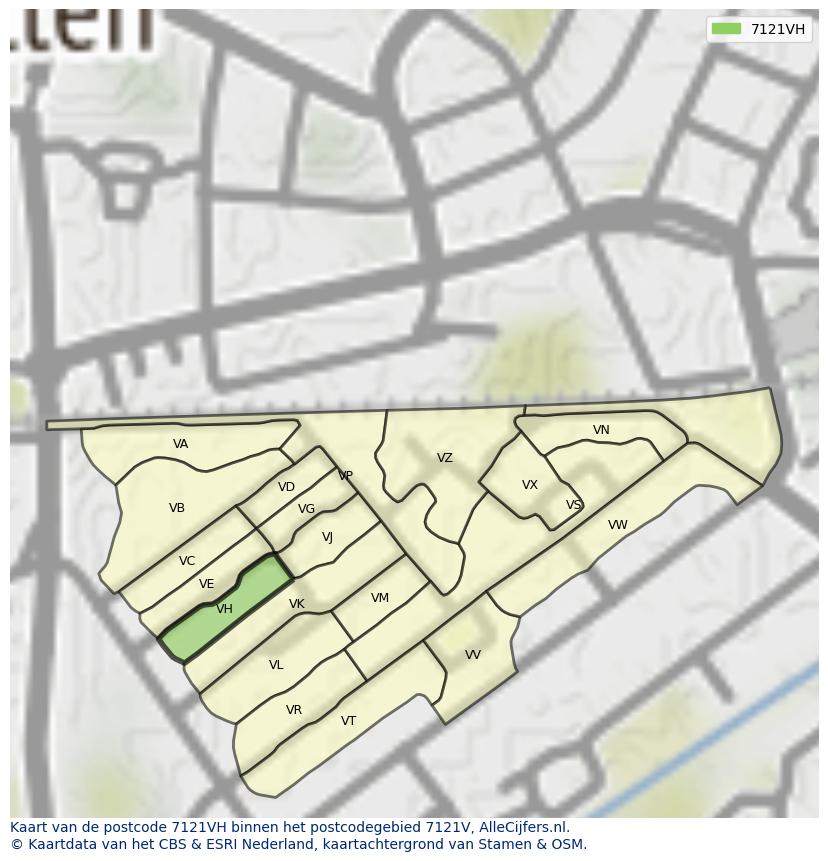 Afbeelding van het postcodegebied 7121 VH op de kaart.
