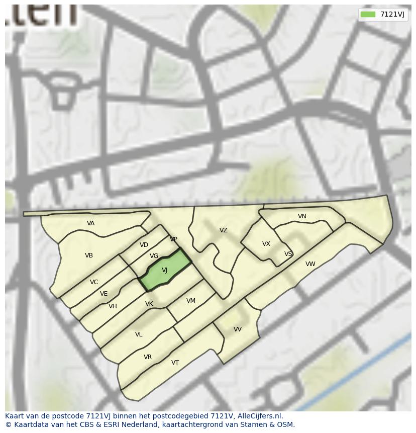 Afbeelding van het postcodegebied 7121 VJ op de kaart.