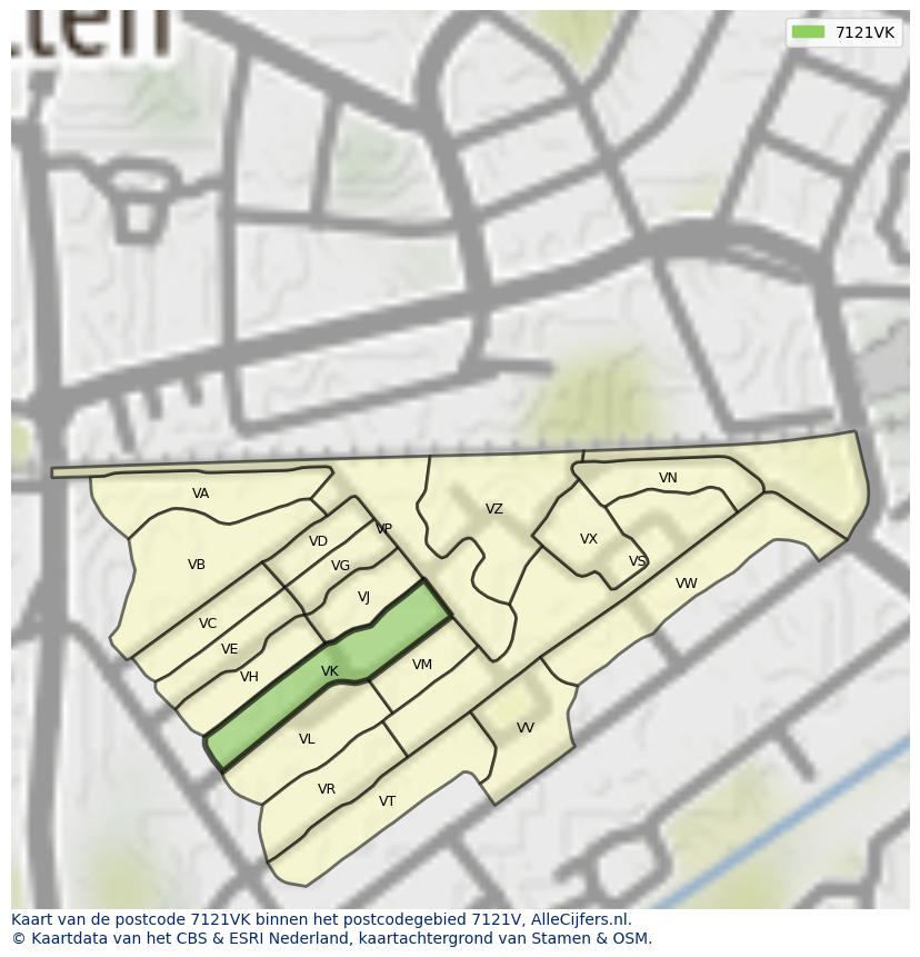 Afbeelding van het postcodegebied 7121 VK op de kaart.