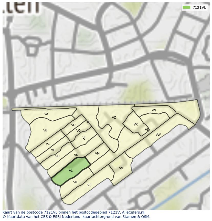 Afbeelding van het postcodegebied 7121 VL op de kaart.