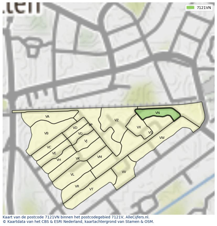 Afbeelding van het postcodegebied 7121 VN op de kaart.