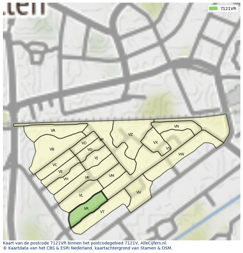 Afbeelding van het postcodegebied 7121 VR op de kaart.