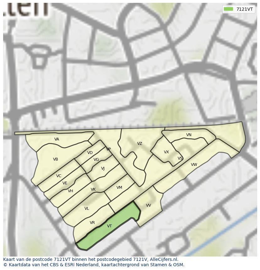 Afbeelding van het postcodegebied 7121 VT op de kaart.