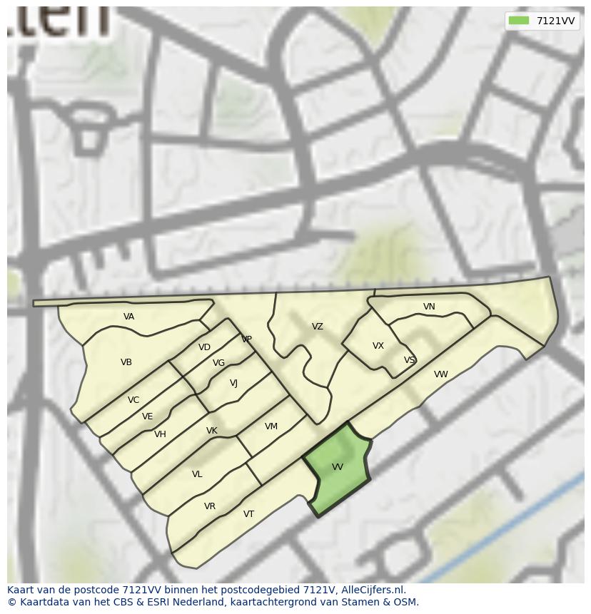 Afbeelding van het postcodegebied 7121 VV op de kaart.